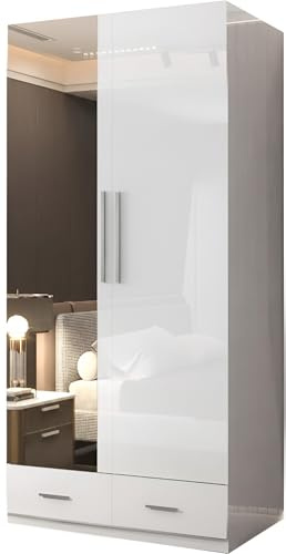 SLIDING WARDROBE 4U High Gloss 2 Door Hinged Wardrobe with Mirror, Drawers, Shelves & Hanging Rail – Freestanding Bedroom Storage – 80cm / 90cm – White, Black or Grey (White, 90cm)