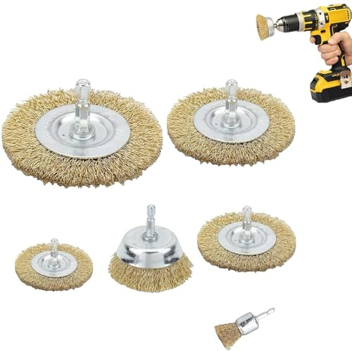 6 Pcs Spazzole Metalliche in Acciaio Ottonato per Trapano. Codolo da 1/4 Spazzole per Pulizia Sverniciatura Ruggine Vernice Ferro Metallo Legno Art.591005