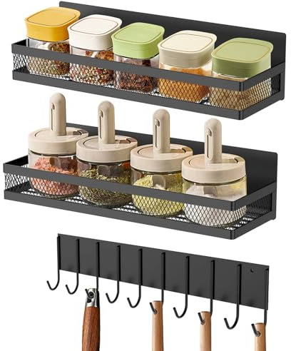 Gewürzregal Magnetisch,Magnetisches Kühlschrank Organizer Set aus Edelstahl,Einfach zu Montieren,Platzsparend,Vielseitiger Gewürzhaken Organizer Wandregal Hängend für Zuhause Küchen(schwarz,3pcs)
