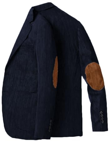 Stillluxury Giacca blazer in velluto a coste con toppa sul gomito, slim fit, da uomo, vintage, monopetto, giacche sportive per balli di fine anno e matrimoni, Blu marino scuro, XL
