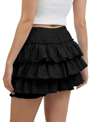 XKBHYD Minirock Schwarz Damen Gothic Lolita Rock Bloomers Jacquard Elastische Taille Hohe Taille Rüschenrock Y2K RARA Skirt