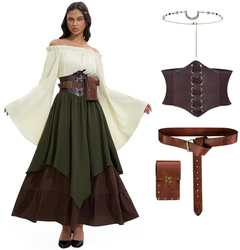 LumenVela Vestido Medieval Mujer, Disfraz Vikinga Mujer, Disfraz de Victoriano Renacentista para Mujer con Corsé, Riñonera, Tocado, Cinturón para Carnaval Halloween