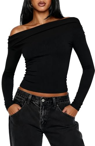 Navneet Off Shoulder topp damer långärmad crop top magfri långärmad tröja tajt höst casual outfit, Svart axellös, M