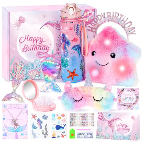 Cadeau sirène pour filles de 3 à 6 ans, 7, 8, 9, 10 ans, cadeau d'anniversaire licorne pour enfants, bracelet, coussin étoilé, bandeau arc-en-ciel, masque pour les yeux, bouteille d'eau à faire