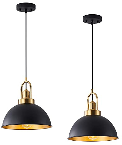 Black Pendant Ceiling Lights for Kitchen Island, E27 Metal Shade 2 Pack