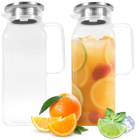 2 Liters/68 oz Square Glass Pitcher with Lid and Handle Water Pitcher with for Fridge Glass Carafe Hot/Cold Drinks and Milk Large Iced Tea Pitcher for Coffee Juice and Homemade Beverage (2)