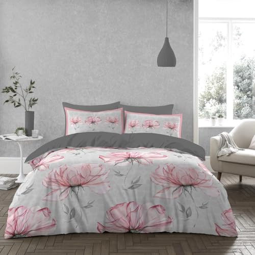 GC GAVENO CAVAILIA Microfiber Kingsize Duvet Cover Sets | Floral Bedding Sets King Size, Reversible Plain Quilt Cover Bed Set | Hypoallergenic Duvet Cover With Pillowcases | (230x220 Cm), Grey