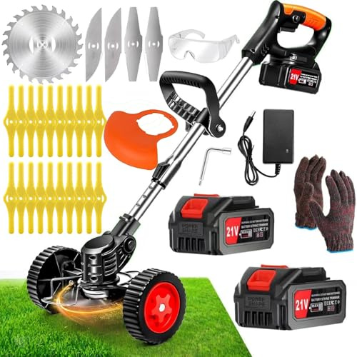 Débroussailleuse Electrique sans Fil,Coupe Bordure 2 Batteries 21v et Chargeur Taille Manche télescopique, Roues Amovibles réglables,Légère à Faible Bruit pour La Coupe De Jardin,Pelouses Arbustes