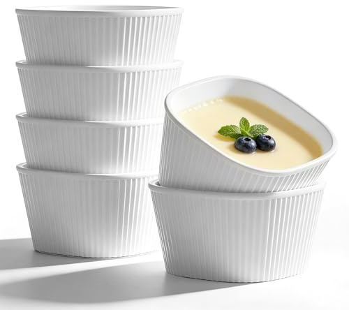 Woobroo Ramekins Set of 6, 210ml Porcelain Soufflé Dish, 10cm Square Crème Brûlée Dish for Air Fryer & Oven, Mini Bowl for Dips, Sauces, Snacks and Fruits - White