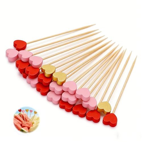 100-Pack Heart Shaped Cocktail Picks,Coctail Sticks for Food,Bamboo Skewers,4.7 Inch Gold Pink Red Long Decorative Bamboo Skewers for Appetizers,Fruits,Party Decor,Mothers Day Sticks