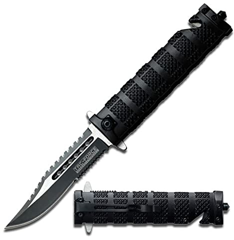 Tac-Force- Folding Pocket Knife – Black and Satin Finish Partially Serrated Blade, Black Aluminum Handle, Rope Cutter, Glass Punch and Pocket Clip, Tactical, EDC, Rescue - TF-710BK