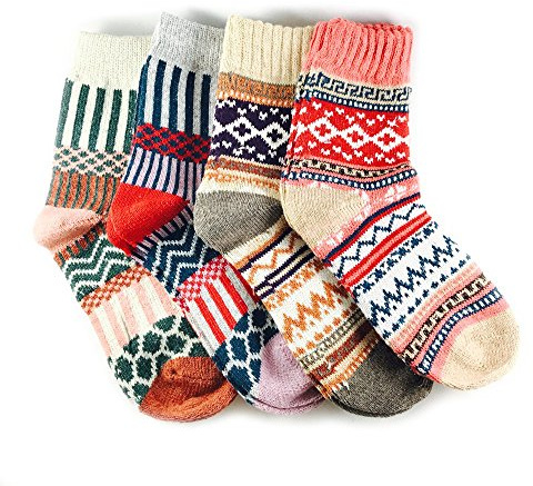 JOYCA & CO. 3-5 Pairs Womens Multicolor Fashion Warm Wool Cotton Thick Winter Crew Socks (4 Pairs Mix 1)