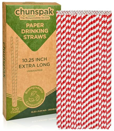 Extra Long Paper Straws 10 Inch - Red Striped Disposable Drink Straws 100ct | Red and White Straws for Drinking, Cocktail, Soda, Bar, Aperol Spritz, 4th of July, Christmas, Party, Crafts, Biodegradable
