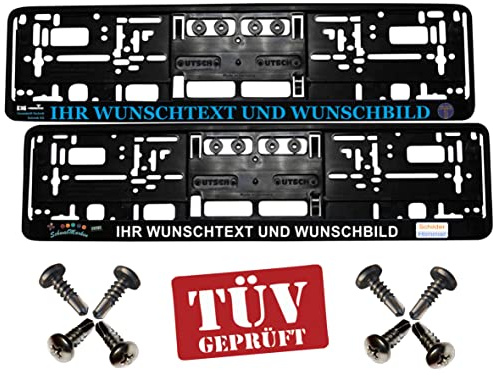 2er-Set Kennzeichenhalter Wunschtext/Logo für alle PKW´s Beschriftung Bedruckt mit 8 Schrauben