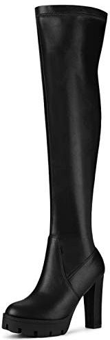 Allegra K Bottes à talons compensés pour femme à talon épais au-dessus du genou, Noir , 37 EU