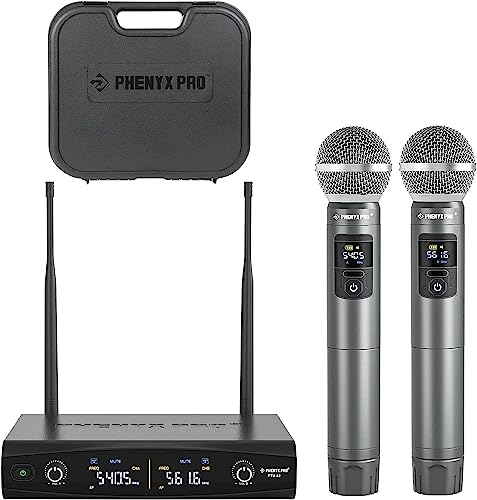 Phenyx Pro UHF Wireless Handheld Microphone System, 30 Adjustable Frequency Cordless Mic Sets with Case, All Metal Build, 200ft Coverage, Suitable for Home Karaoke, Weddings, DJ, Church (PTU-52)