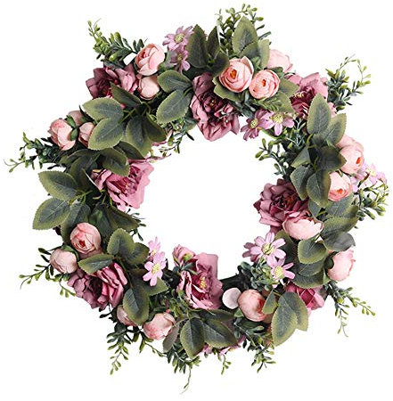 Künstlicher Kranz mit Blumen und Blätter,Dekorativer Wandkranz Türkranz Eukalyptus Künstlich Kunstpflanzen Pflanzengirlande Deko Frühling für Hochzeit Haustür Fenster Kamin Wanddekoration,Kamelie