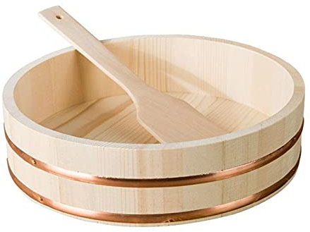 KELUNIS Wooden Hangiri Sushi Rice Bowl Sushi Oke Rice Mixing Tub with Copper Bands & Rice Paddle, Sushi Making Serving Kit for Sushi Restaurant,60cm/23.6in
