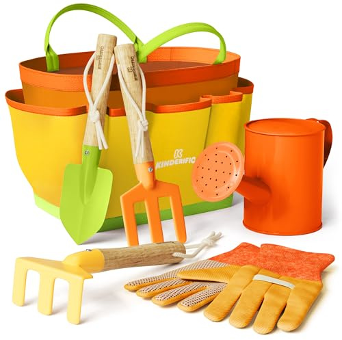 Kinderific Trädgårdsset, verktygssats, för barn, STEM, inkluderar tygväska, spade, vattenkanna, kratta, gaffel, murslev och handskar (blek gul)