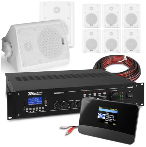 Commercial Wall Mounted Music System with Internet & DAB+ Radio, 8 White Weatherproof Speakers, 240W Mixer Amplifier - Bluetooth Streaming, WiFi & Ethernet Connectivity for Offices, Cafes, Outdoors