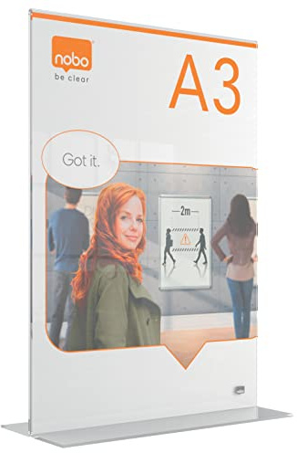 Nobo A3 freistehender Posterrahmen aus Acryl, rahmenlos, doppelseitig, integrierter Thekenaufsteller, Premium Plus, transparent, 1915593, White