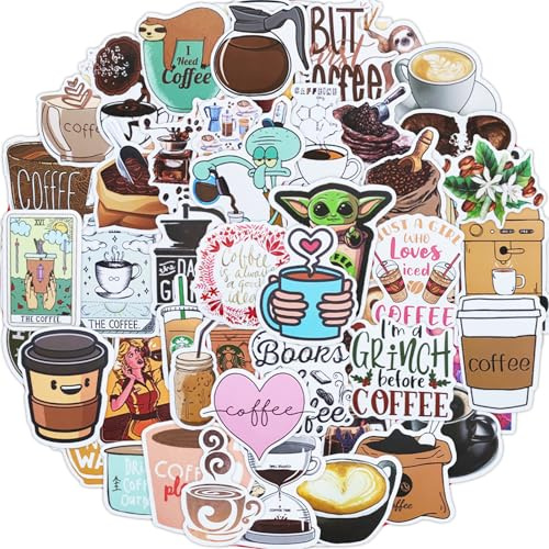 Kaffee Aufkleber 50 Stück Coffee Sticker Set,Schöne Aesthetic Kaffee Theme,Wasserdichte Vinyl Sticker Aufkleber für Meme Tasse Flasche Laptop Scrapbook Journal Gitarren Mappen Skateboard iPad Fahrrad