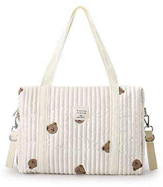 SONARIN Stickerei Baby Wickeltasche,Stilvolle Große Kapazität Baumwolle Reise Wickeltasche Tragetasche Henkeltaschen Tragbare Leichte Babytasche Mama Tasche mit Kinderwagen Haken(Bär)