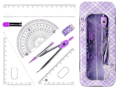 XPEX 1Pcs Geometrie Zirkel,Geometrie Set 7-Teiliges Zirkel Set Zirkel Und Winkelmesser Lineal Maths Set Studentenbedarf Lineal Set Mit Box Mathematik-Set Zirkel Für Schule, Büro, Zuhause, Schüler
