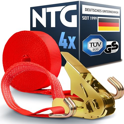NTG Spanngurte mit Ratsche 800 kg 6m 25mm - TÜV/GS geprüft zweiteilig Haken | Ratschengurt Zurrgurte für Ladungssicherung LKW Anhänger Transporter Werkstatt - Zurrgurt Spanngurt 0,8t (4 Stück)