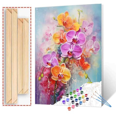 Tucocoo Orchideen-Malen-nach-Zahlen-Set mit Pinseln und Acrylpigmenten auf Leinwand, Gemälde für Erwachsene, bunte Blüten, Kunst, Bastelprojekt für Heimdekoration, Geschenke, 40x50 cm (DIY gerahmt)