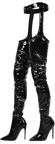 MissHeel Langschaft Stiefel Overknee mit Gürtel Stilettos High Heels Sexy Lack Schwarz EU 42