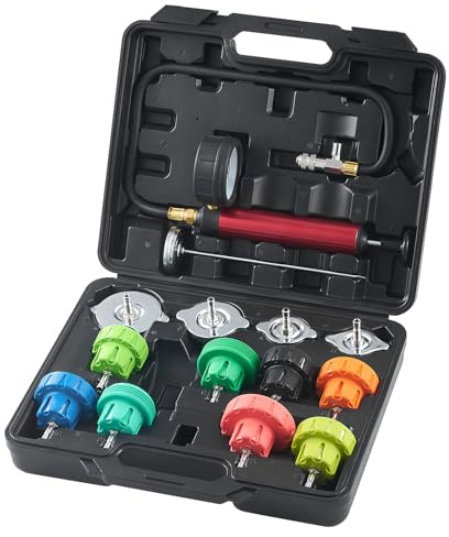 VEVOR 14-delat kylkylmedels-trycktestarset, tryckavtryckare, kylvattenfyllare, kylare, ventilationsapparat, kylsystemtestare inkl. termometrar, 4 metalladaptrar och 8 testkåpor