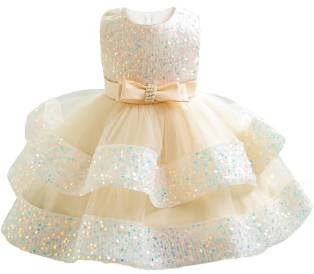 Miipat Prinsessklänning av tyll med paljetter, för baby/flicka, festklänning, ärmlös flickklänning, blomsterflicksklänning, födelsedags- och bröllopsklänning, champagne, 4-5 År