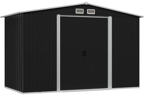 SECOLI Geräteschuppen Mit 4 Entlüftungsöffnungen Metallschuppen mit Doppelten Schiebetüren Gerätehaus Anthrazit Fahrradunterstand Garten Schuppen Wetterfest Stahl 257x205x178 cm