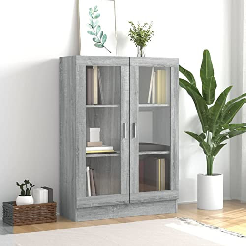IKAYAA Vitrinenschrank Bücherschrank Mit Fächern und Glastüren Glasvitrine Stehend Standvitrine Vorratsschrank Küche Bücherschrank Mit Glastüren Grau Sonoma 82.5 x 30.5 x 115 cm Holzwerkstoff