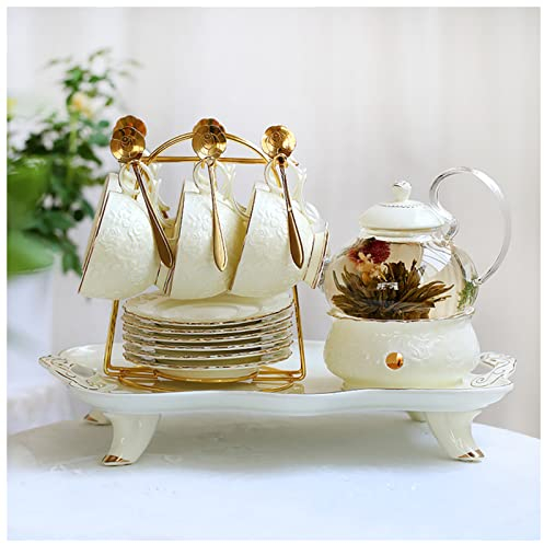 FrEshn Emaille Tasse Rose Geprägte Englisch Nachmittag Tee Set Porzellan Kerze Heizung Europäische Keramik Teekanne Tassen Untertasse Saucer Löffelhalter Tray Kit Porzellantasse