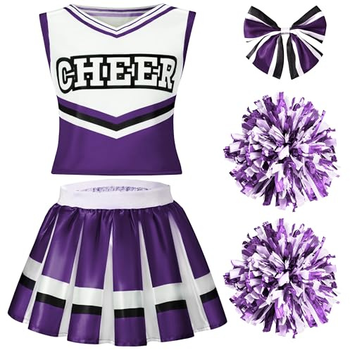 Spooktacular Creations Halloween Girl Cheerleader Costume, Purple Cheer Uniform Set, Cute Cheerleading Outfit with Accessories for Halloween Dress-Up, High School Themed Party (Medium, 8-10 yrs)