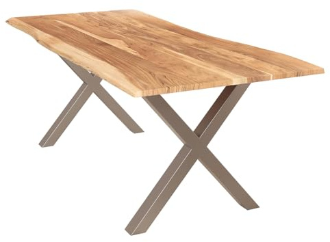 Liadomo Esstisch 160x85 Isa Natur, Baumkantentisch, Akazie Massivholz Tisch, 26mm Tischplatte Lackiert, Robust & Pflegeleicht, Unikat, X-Gestell Metall Silber