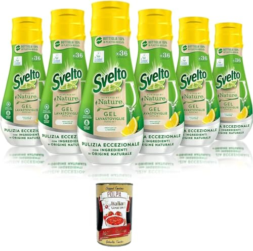 Svelto Gel Lavastoviglie All-in-1 Powered by Nature, 6 Stück mit 36 Waschgängen, Geschirrspülmittel mit Inhaltsstoffen natürlichen Ursprungs, wirksam in kurzen Spülgängen+ Italian Gourmet polpa 400g