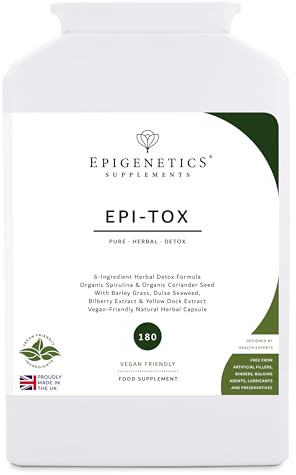 Epi-Tox | 450mg Herbal Detox Supplement | Organic Spirulina & Coriander + Barley, Dulse Seaweed & Bilberry | 180 Vegan Capsules UK Made | 1 Daily (6 Months)