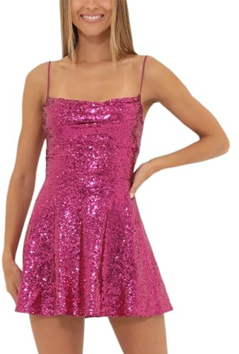 Yoisdtxc Mini robe à paillettes pour femme, dos nu, bretelles spaghetti, trapèze, pour cocktail, plage, streetwear