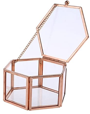 BGHEWRT Schmuck-Organizer, Ringbox, Glas-Aufbewahrungsbox, Kupferrand, Glas, Mini-Schmuckschatulle in Roségold