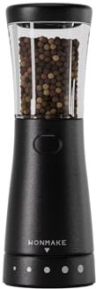 WONMAKE Moulin à poivre et sel électrique 127,6 g de grande capacité, moulin à poivre électrique en acier inoxydable, broyeur automatique, grossier réglable