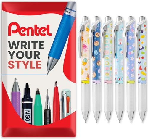 Pentel Energel BLN75 Gel-Tintenroller, einziehbar, 0,5 mm, 54 % recycelt, schwarze Tinte, in Kissenverpackung, 6 Stück, gemischt
