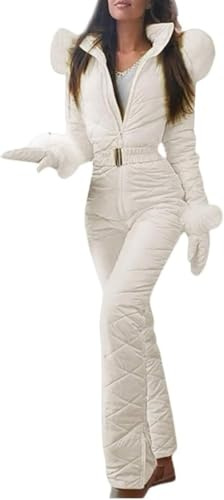 Mono de Nieve para Mujer Moda Delgado Traje de Esquí a Prueba de Viento con Collar de Pelo y Guantes (Blanco,M)