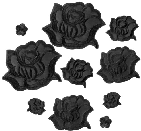 COMNICO 10 Pcs Black Iron on Rose Flower Patches for Clothes, Fabric Repair Sewwing Embroidered Flower Patches with 5 Sizes Cool Applique Patches for Jacket Jeans Sweater Hats Shoes Bags Designs
