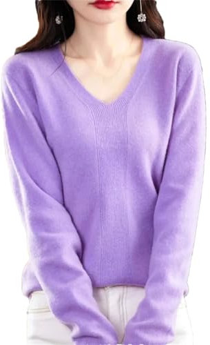Women Long Sleeve Knitted Sweaters Slim V-Neck Korean Basic Bottoming Pullovers Tops Lilac Purple M