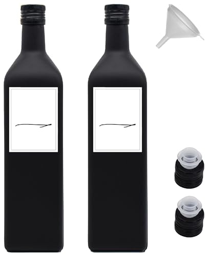 Generisch Ölflasche 1 Liter schwarz zum befüllen inkl. Deckel und Ausgießer mit wasserfesten Etiketten (Schwarz, 2x1 Liter)