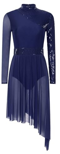 Miutii Damen Eiskunstlauf Kleid Langarm Ballettkleid Pailletten Patchwork Lyrisch Tanzkleid mit Asymmetrisch Rock Modern Contemporary Tanzkleidung