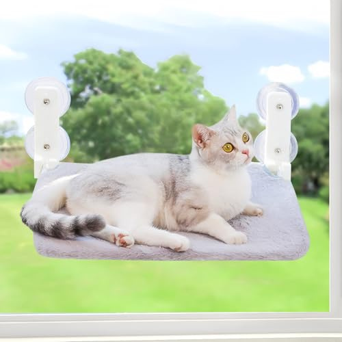Plush Cat Window Perch Hammock Soft Hanging Bed Cat Window Sill Holder | with Steel Frame & Strong Suction Cups, for Glass Windows Supports 18KG Foldable Comfortable Lounge Seat for Cats (Grey)